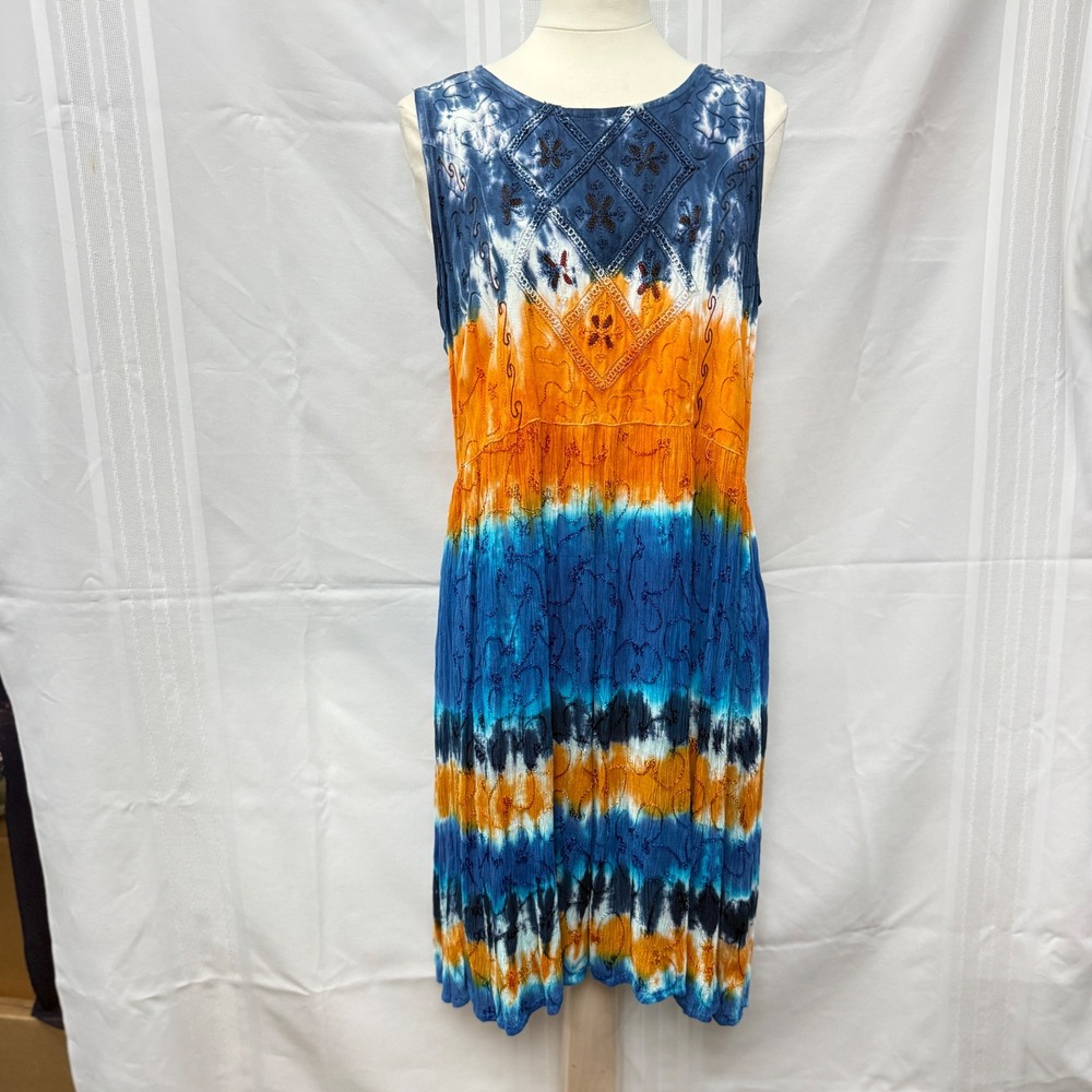 Tie Dye Blue Orange Embroidered Crinkle Rayon Midi Dress‎ XL Boho Hippie Coverup